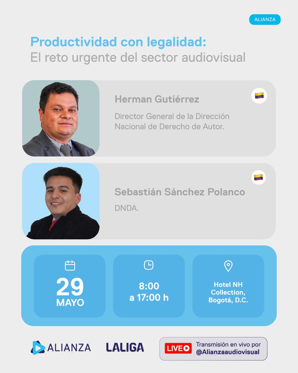 Dirección Nacional de Derecho de Autor de Colombia (@derechodeautor) on Twitter photo #Hoy nuestro director general <a href="/HGutierrezal2/">Herman Gutiérrez</a> y su abogado asesor <a href="/sanchezsebasj/">Sebastián Sánchez-Polanco 💡</a>, participarán en Foro Internacional de <a href="/Alianzatv_/">Alianza contra la piratería audiovisual</a>: Productividad con legalidad: El reto urgente del sector audiovisual.
🕗 De 8:00 a.m. a 5:30 p.m.
🗾 Hotel NH WTC
#CapacítateConLaDNDA #Hoy nuestro director general <a href="/HGutierrezal2/">Herman Gutiérrez</a> y su abogado asesor <a href="/sanchezsebasj/">Sebastián Sánchez-Polanco 💡</a>, participarán en Foro Internacional de <a href="/Alianzatv_/">Alianza contra la piratería audiovisual</a>: Productividad con legalidad: El reto urgente del sector audiovisual.
🕗 De 8:00 a.m. a 5:30 p.m.
🗾 Hotel NH WTC
#CapacítateConLaDNDA