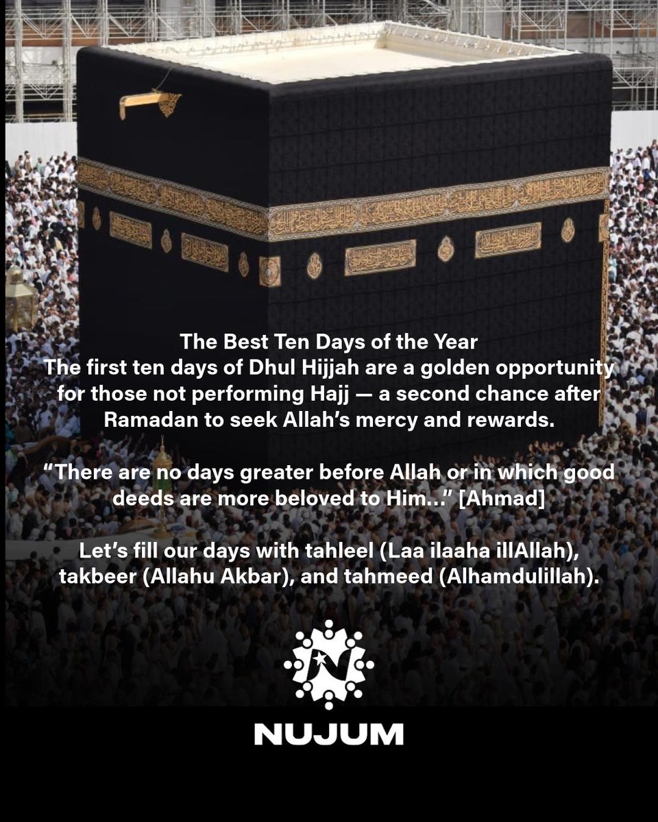 The Best Ten Days of the Year
The first ten days of Dhul Hijjah are a golden opportunity for those not performing Hajj, a second chance after Ramadan to seek Allah’s mercy &amp; rewards.

“There are no days greater before Allah or in which good deeds are more beloved to Him” [Ahmad]
