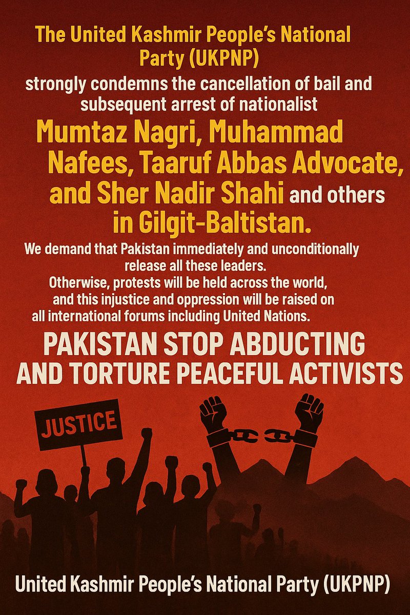 Sardar Nasir Aziz KHAN (@nasirkhanukpnp) on Twitter photo #UKPNP strongly condemns the arrest of nationalist leaders in disputed territory of #GilgitBatlistan.This is retaliation against pro-freedom voices in the disputed region of #JammuAndKashmir.We demand their immediate release <a href="/UN/">United Nations</a> <a href="/eu_eeas/">European External Action Service - EEAS 🇪🇺</a> <a href="/shaukatkashmiri/">Shaukat Ali Kashmiri</a> <a href="/realDonaldTrump/">Donald J. Trump</a> <a href="/UN_HRC/">UN Human Rights Council</a> #UKPNP strongly condemns the arrest of nationalist leaders in disputed territory of #GilgitBatlistan.This is retaliation against pro-freedom voices in the disputed region of #JammuAndKashmir.We demand their immediate release <a href="/UN/">United Nations</a> <a href="/eu_eeas/">European External Action Service - EEAS 🇪🇺</a> <a href="/shaukatkashmiri/">Shaukat Ali Kashmiri</a> <a href="/realDonaldTrump/">Donald J. Trump</a> <a href="/UN_HRC/">UN Human Rights Council</a>