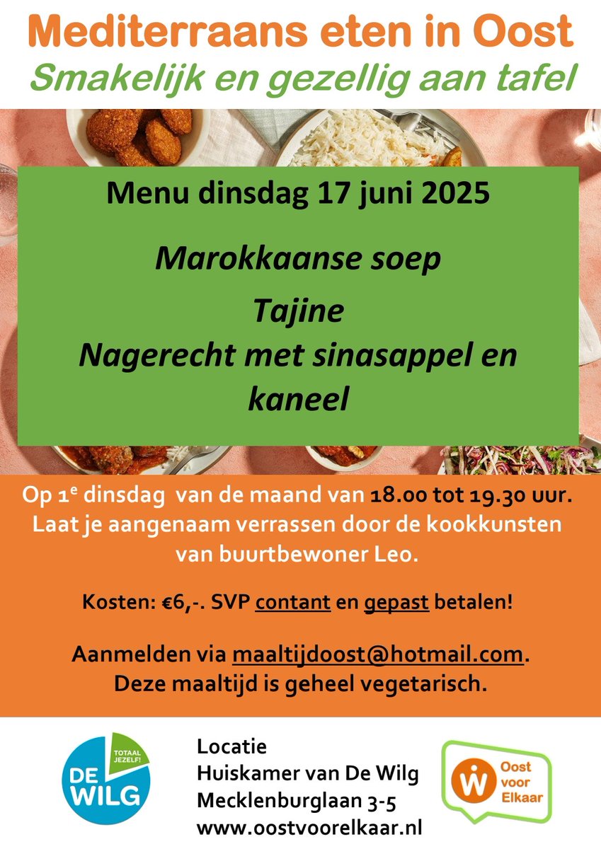 Hieronder staat het menu voor de buurtmaaltijd op 17 juni. Normaal op de 1e dinsdag maar voor een keertje op 3e dinsdag van de maand.

Kom je ook genieten? De buurtmaaltijd wordt gemaakt door buurtkok Leo en andere bewoners uit Oost.

Aanmelden kan via: maaltijdoost@hotmail.com