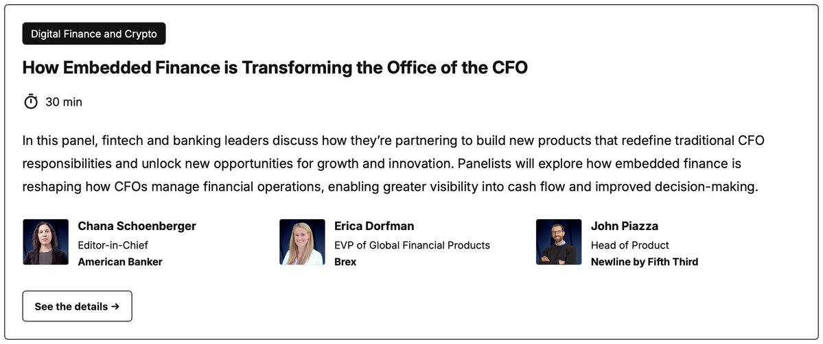John Piazza (@john_piazzaiv) on Twitter photo Excited to be joining the legendary <a href="/cschoenberger/">Chana Schoenberger</a> and <a href="/EricaDorfman/">Erica Dorfman</a> on stage at <a href="/AmerBanker/">American Banker</a> next week to discuss how embedded finance is making life a whole lot better for CFOs.
(This is an easy point to illustrate when you have <a href="/brexHQ/">Brex</a> + <a href="/FifthThird/">Fifth Third Bank</a> to point to as an example!) Excited to be joining the legendary <a href="/cschoenberger/">Chana Schoenberger</a> and <a href="/EricaDorfman/">Erica Dorfman</a> on stage at <a href="/AmerBanker/">American Banker</a> next week to discuss how embedded finance is making life a whole lot better for CFOs.
(This is an easy point to illustrate when you have <a href="/brexHQ/">Brex</a> + <a href="/FifthThird/">Fifth Third Bank</a> to point to as an example!)