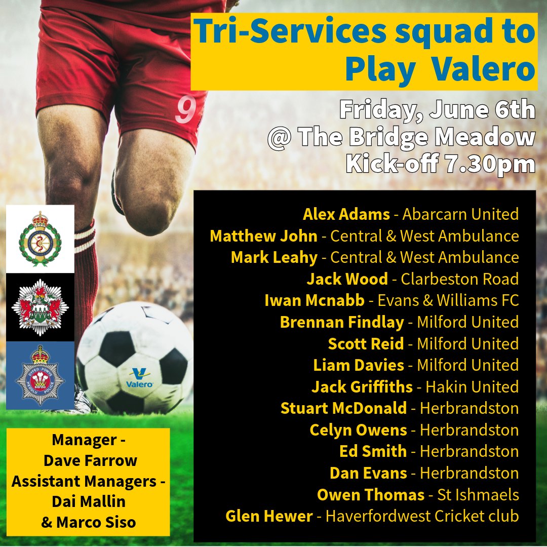 Squads have been announced for the Football match next Friday, June 6th between Valero and the Tri-Services @ the Bridge Meadow

Which squad looks stronger to you?

<a href="/WelshAmbulance/">Welsh Ambulance</a> <a href="/DyfedPowys/">Heddlu Dyfed-Powys Police</a>
#MidandWestWalesFireandRescueService