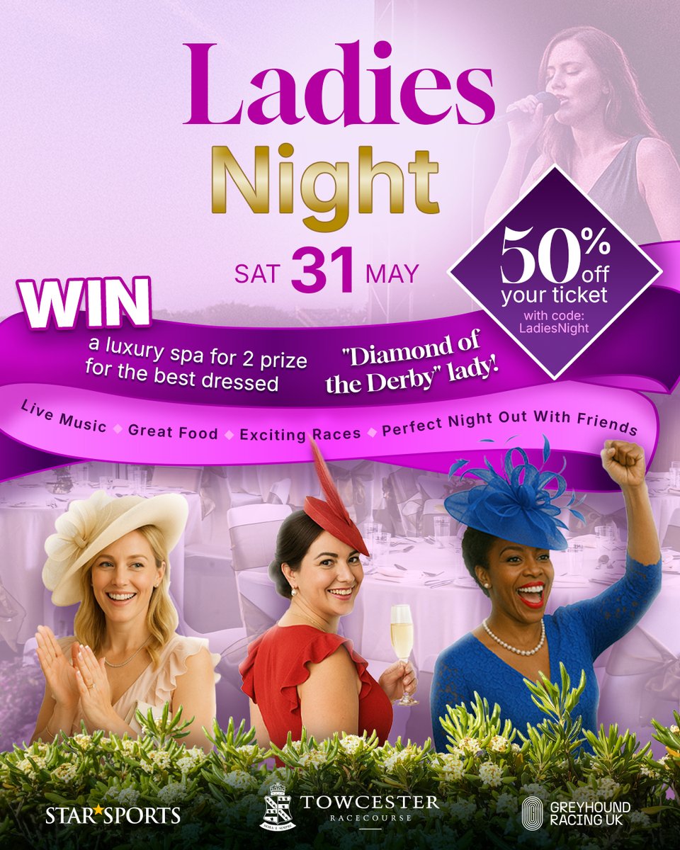 💎Ladies Night | 31 May💎

🏁Quarter Finals of the Derby 
🎤Live music from The Zoots!
👗 Win a luxury spa for 2 as Best Dressed Lady
🎟 Use code LADIES50 for 50% off Tickets: tickets.greyhoundracinguk.com

Be the Diamond of the Derby ✨

#LadiesNight #DiamondOfTheDerby #Giveaway #Spa