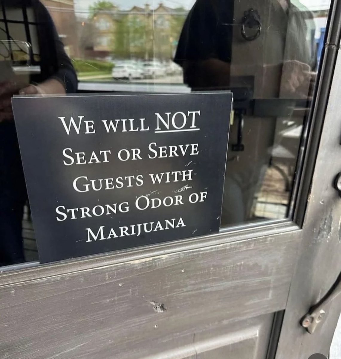 This great way to lose solid business. Skunk it up anyway ! 

Stoners are tired of being discriminated against while others can smell like alcohol and cigarettes. We make up a huge majority of those dining out and boosting the economy. 

(Fall River Raw 📸)