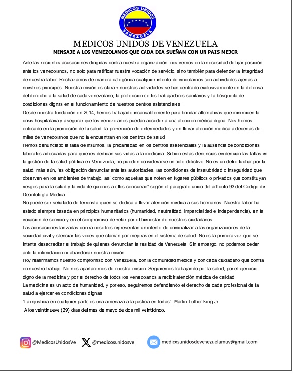 Medicos Unidos Vzla Capitulo Aragua (@muvaragua) on Twitter photo Comunicado de <a href="/MedicosUnidosVe/">Médicos Unidos Vzla</a> a la opinión pública ante las últimas declaraciones emitidas el día de ayer en contra de nuestra organización. Agradecemos lectura, repost y difusión Comunicado de <a href="/MedicosUnidosVe/">Médicos Unidos Vzla</a> a la opinión pública ante las últimas declaraciones emitidas el día de ayer en contra de nuestra organización. Agradecemos lectura, repost y difusión