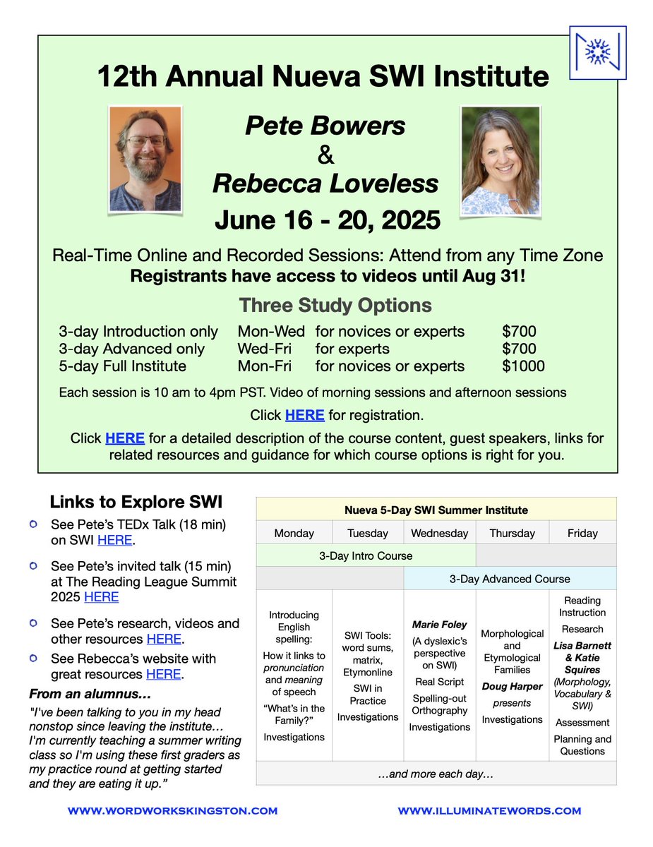 tinyurl.com/5evb5vvb This  course (3- or 5-day options) is the richest on-line PD  of the year. Sessions are recorded and made available daily so people can attend from any time-zone with access for a month after. See flyer for info on special guests and more.
