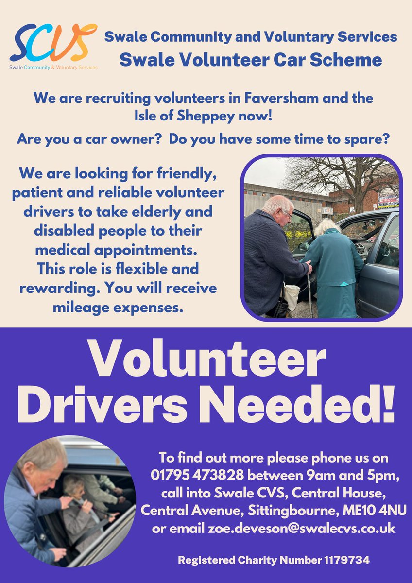 **VOLUNTEER OPPORTUNITY**
We urgently need friendly, patient and reliable volunteer drivers for our busy Transport Scheme, to take elderly and disabled people to their medical appointments.  
Interested? Please contact Zoe, Transport Co-ordinator, on 01795 473828 (option 1).