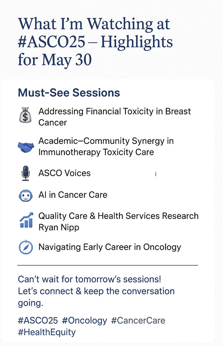 Cristiane D Bergerot (@crisbergerot) on Twitter photo Tomorrow’s #ASCO25 program!
Incredible sessions including:
💸 Financial toxicity <a href="/fumikochino/">Fumiko Ladd Chino, MD, FASCO</a>
🤝 Acad–com synergy in IO toxicity care <a href="/MazieTsangMD/">Mazie Tsang, MD, MAS, MS</a>
🎤 <a href="/ASCO/">ASCO</a> Voices <a href="/kaydaustin/">Katie Coleman</a>
🤖 AI <a href="/dapattmd/">Dr. Patt</a>
📊 Quality care & health services <a href="/RyanNipp/">Ryan Nipp, MD, MPH, FASCO</a>
🧭 Navigating early career <a href="/realbowtiedoc/">Dr Joseph McCollom DO</a> Tomorrow’s #ASCO25 program!
Incredible sessions including:
💸 Financial toxicity <a href="/fumikochino/">Fumiko Ladd Chino, MD, FASCO</a>
🤝 Acad–com synergy in IO toxicity care <a href="/MazieTsangMD/">Mazie Tsang, MD, MAS, MS</a>
🎤 <a href="/ASCO/">ASCO</a> Voices <a href="/kaydaustin/">Katie Coleman</a>
🤖 AI <a href="/dapattmd/">Dr. Patt</a>
📊 Quality care & health services <a href="/RyanNipp/">Ryan Nipp, MD, MPH, FASCO</a>
🧭 Navigating early career <a href="/realbowtiedoc/">Dr Joseph McCollom DO</a>