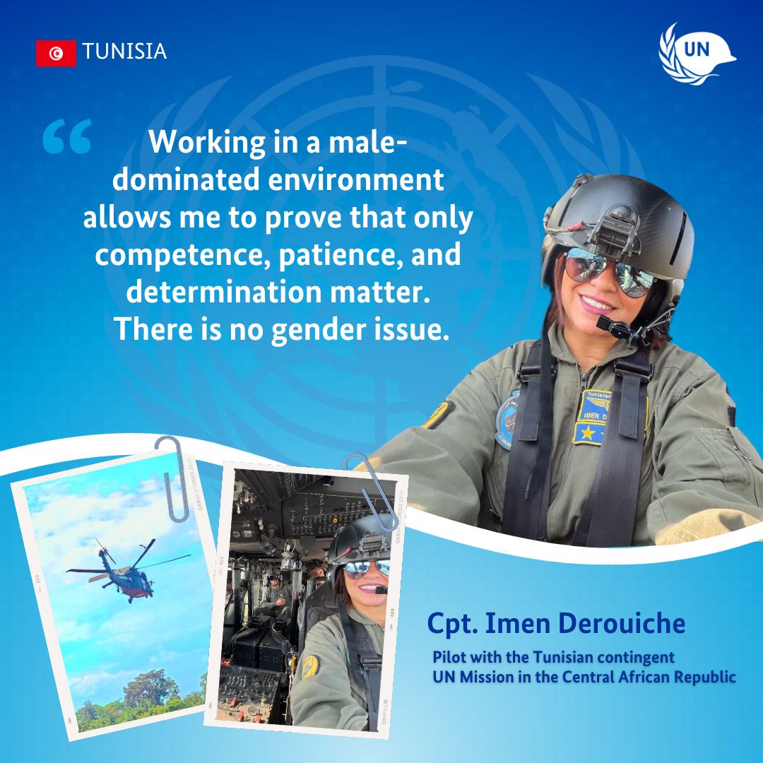 MINUSCA (@un_car) on Twitter photo Among the 13,820 in the #MINUSCA Force, 1,183 are #women serving on all fronts. Capt. Derouiche🇹🇳, only female pilot of Black Hawk helicopter deployed with <a href="/UNPeacekeeping/">UN Peacekeeping</a> in #CAR🇨🇫 since 2024, embodies excellence #WomenLeadership in uniform. #PKday
🔗shorturl.at/886NP Among the 13,820 in the #MINUSCA Force, 1,183 are #women serving on all fronts. Capt. Derouiche🇹🇳, only female pilot of Black Hawk helicopter deployed with <a href="/UNPeacekeeping/">UN Peacekeeping</a> in #CAR🇨🇫 since 2024, embodies excellence #WomenLeadership in uniform. #PKday
🔗shorturl.at/886NP