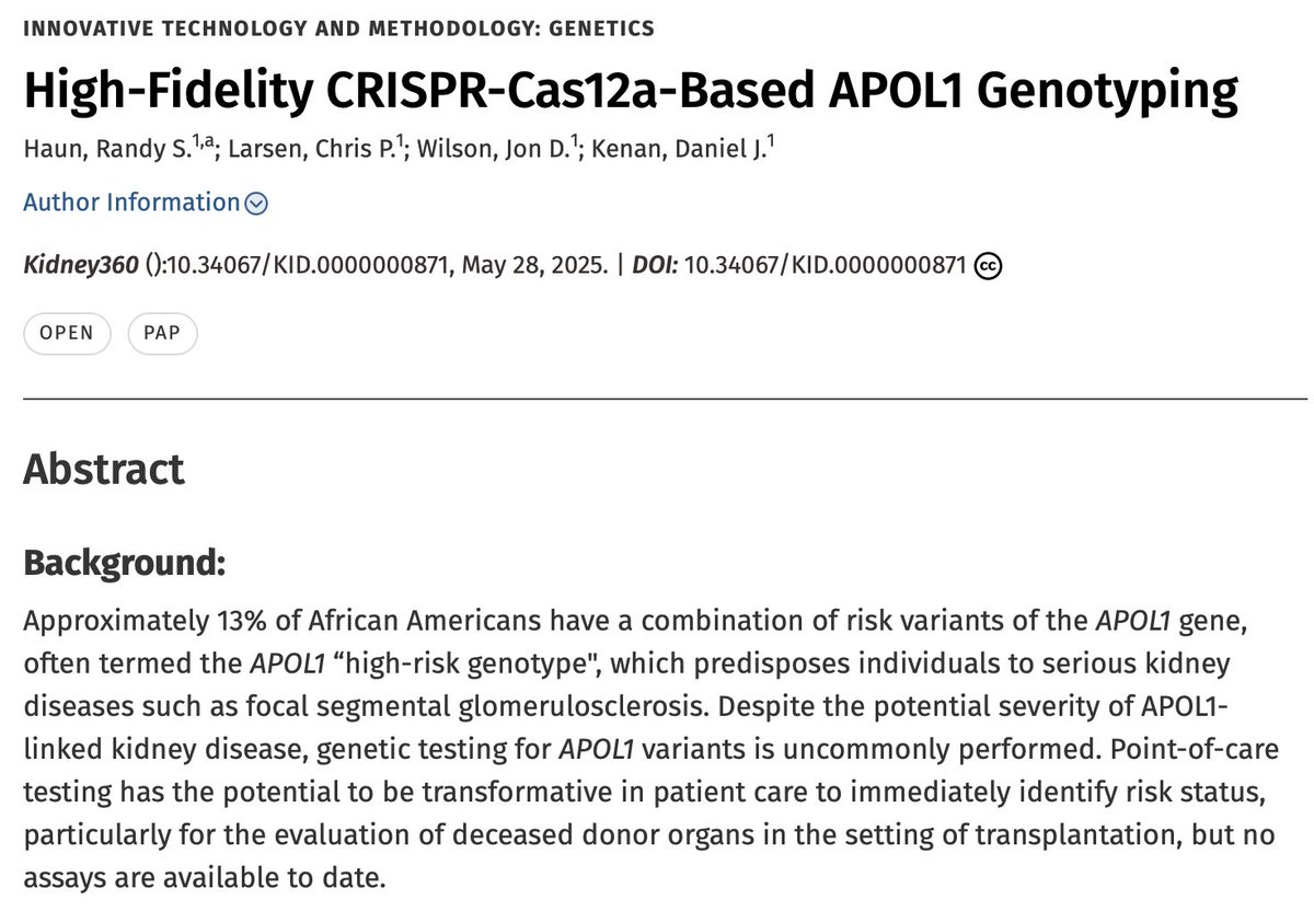 We are excited to announce a new Arkana publication: High-Fidelity CRISPR-Cas12a-Based APOL1 Genotyping. (Authors: Randy Haun, Chris Larsen, Jon Wilson, Dan Kenan)

This research, led by Dr. Haun, developed a new test using CRISPR-Cas12a to quickly and accurately diagnose APOL1