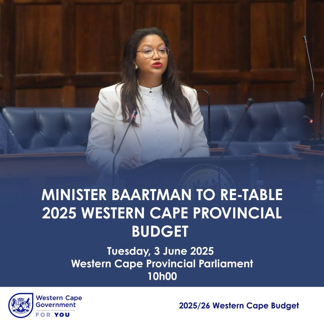 I will be re-tabling the 2025 Western Cape Budget on Tuesday, 3 June.

🎥The speech will be broadcast live here: bit.ly/4bDcCXr