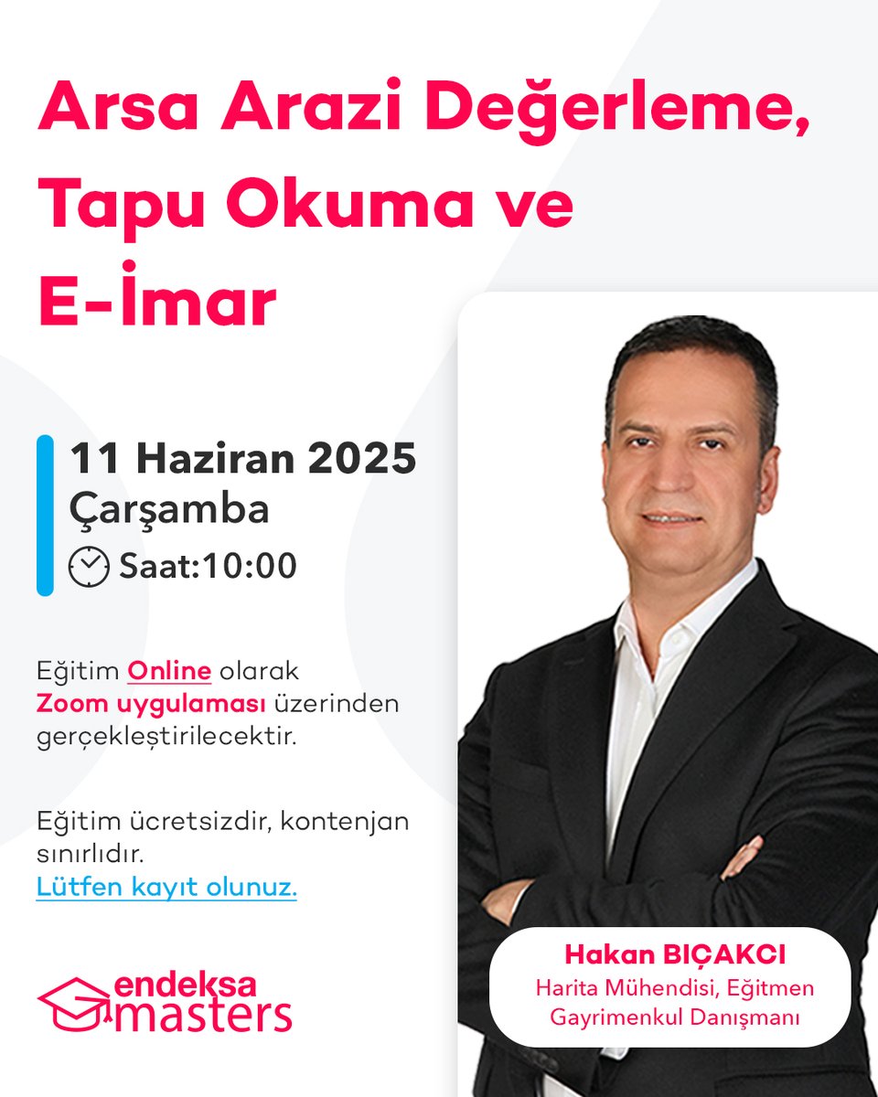 Endeksa Masters, Harita Mühendisi ve Gayrimenkul Danışmanı Hakan Bıçakcı eğitmenliğinde 11 Haziran 2025’te yeni bir eğitimle sizlerle!

Bu ücretsiz online eğitimde, Endeksa’nın sunduğu veri ve teknolojilerle arsa ve arazi değerlemesini öğrenirken, tapu ve e-imar süreçlerinde