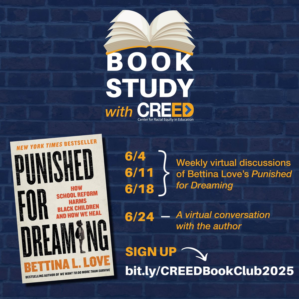 Our summer book study starts next Wednesday, but there's still time to sign up! 

We'll be meeting virtually to discuss Bettina Love’s Punished for Dreaming on June 4, 11, and 18, ending with a conversation with the author on June 24! 

🔗 Sign up: lnkd.in/eiyuuFgM