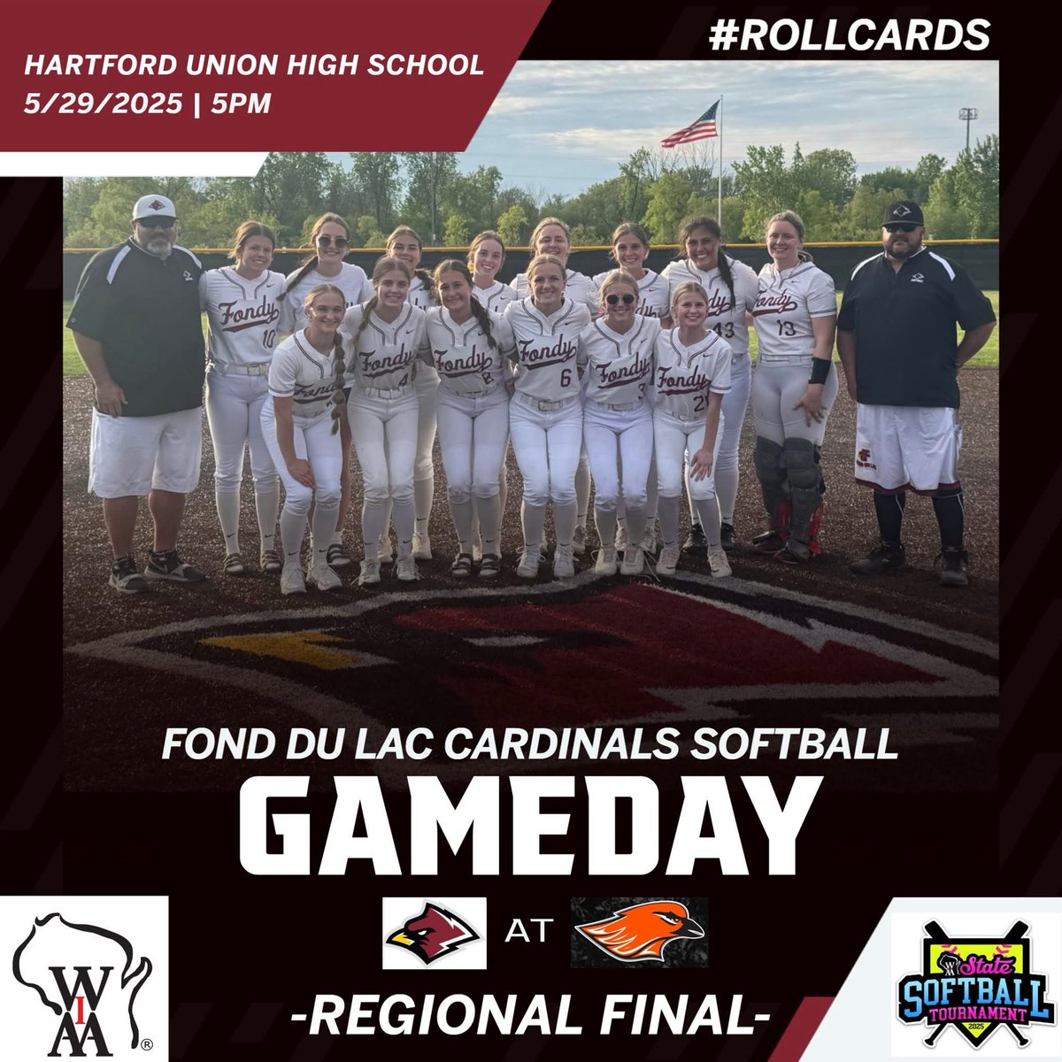 -GAME DAY-
-REGIONAL FINAL-

#6 Fond du Lac (17-10) travels to #3 Hartford (22-5) - 5PM
#GoCardinals🥎 #rollcards🥎