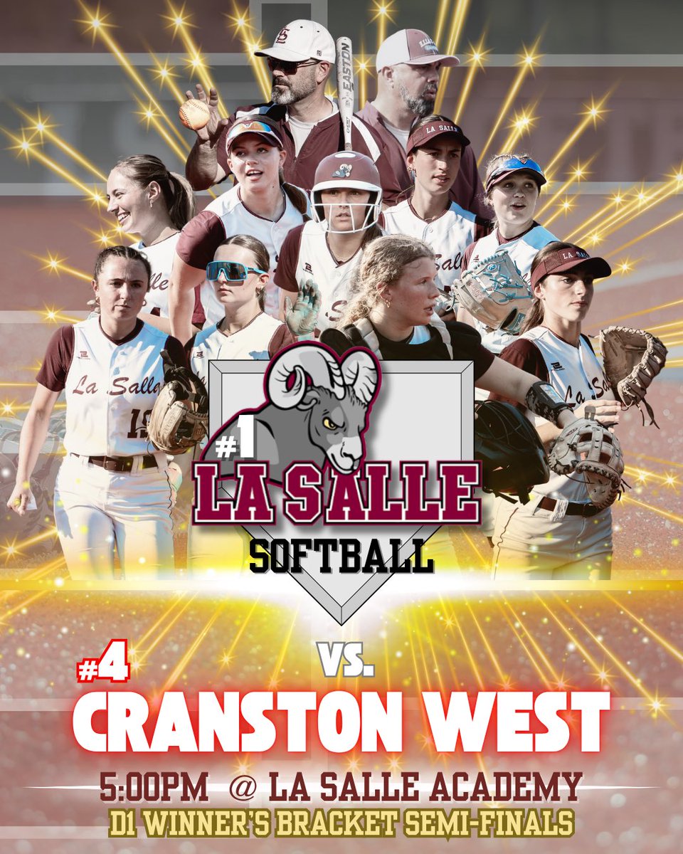 La Salle Academy Softball (@lsasoftballri) on Twitter photo D1 Winner’s Bracket Semi-Finals
🆚 Cranston West
📍 La Salle Academy
⏰ 5:00pm
<a href="/EricRueb/">Eric Rueb</a> <a href="/BillKoch25/">Bill Koch</a> <a href="/KMooreTV/">Kevin Moore</a> <a href="/MaxPreps/">MaxPreps</a> <a href="/Andy_Villamarzo/">Andy Villamarzo</a> <a href="/NFCAorg/">National Fastpitch Coaches Association</a> <a href="/jpsmollins/">JP Smollins</a> <a href="/NCoitABC6/">Nick Coit</a> <a href="/LSAathletics/">LaSalleRIAthletics</a> D1 Winner’s Bracket Semi-Finals
🆚 Cranston West
📍 La Salle Academy
⏰ 5:00pm
<a href="/EricRueb/">Eric Rueb</a> <a href="/BillKoch25/">Bill Koch</a> <a href="/KMooreTV/">Kevin Moore</a> <a href="/MaxPreps/">MaxPreps</a> <a href="/Andy_Villamarzo/">Andy Villamarzo</a> <a href="/NFCAorg/">National Fastpitch Coaches Association</a> <a href="/jpsmollins/">JP Smollins</a> <a href="/NCoitABC6/">Nick Coit</a> <a href="/LSAathletics/">LaSalleRIAthletics</a>