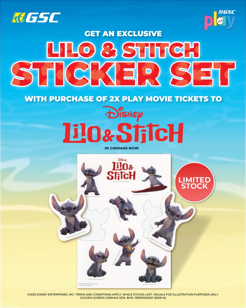 GSCinemas's tweet photo. ๐บ #Ohana means family โ and family means getting cute Stitch stickers together! ๐โจ
Buy 2 Play Movie tickets to Disneyโs #LiloAndStitch and bring home this exclusive Stitch sticker set, available only at selected GSC #PlayHall locations:
๐ GSC IOI City Mall 2, Putrajaya (East Wing)
๐ GSC The Mall, Mid Valley Southkey, JB
๐ GSC IOI Mall Damansara
Hurry, limited stock only! ๐๏ธ Get your tickets now and join the chaos with Stitch today! ๐ธ๐ฅ