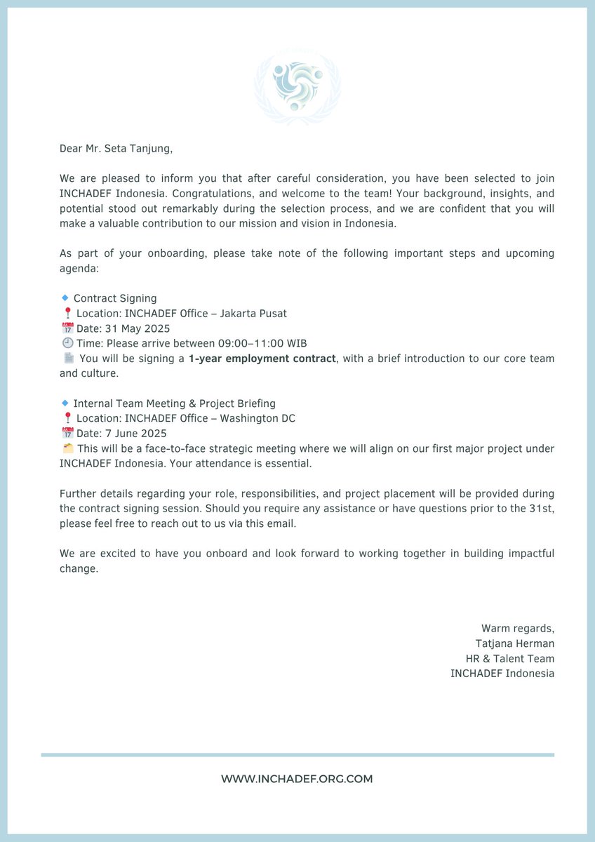 ᅠᅠ
TO⠀⠀⠀⠀ | Seta Tanjung
ᅠᅠᅠᅠᅠ <a href="/erectsv/">𝙎𝙚𝙩𝙖.</a>

FR⠀⠀⠀  ⠀| careers@inchadef.org

CCᅠᅠᅠ  | <a href="/INCHADEF/">𝗜𝗡𝗖𝗛𝗔𝗗𝗘𝗙 𝗙𝗢𝗥 𝗘𝗩𝗘𝗥𝗬 𝗖𝗛𝗜𝗟𝗗</a>  <a href="/Guarrds/">closed. rune</a>

SUBJECT | WELCOME TO INCHADEF INDONESIA! 
️ᅠᅠ