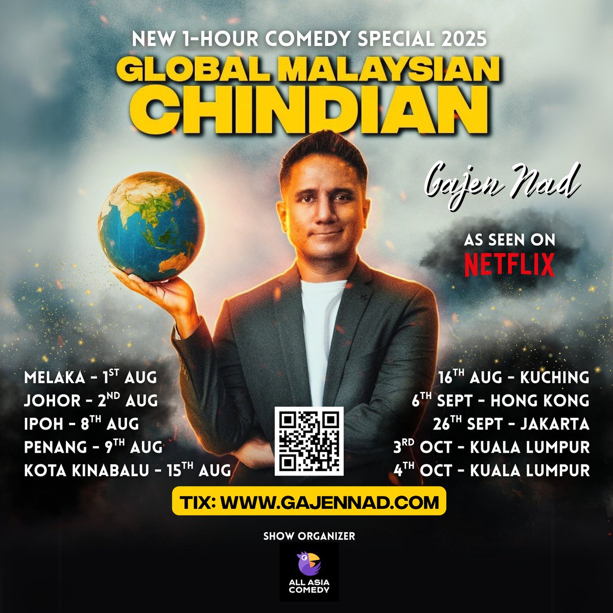 Hi all, I’m very happy to announce my new 1-hour stand-up comedy special, Global Malaysian Chindian. For Jakarta &amp; HK, tickets will only go live in mid June. As for the rest, ticket links are live (gajennad.com). #standupcomedy #malaysian #malaysia