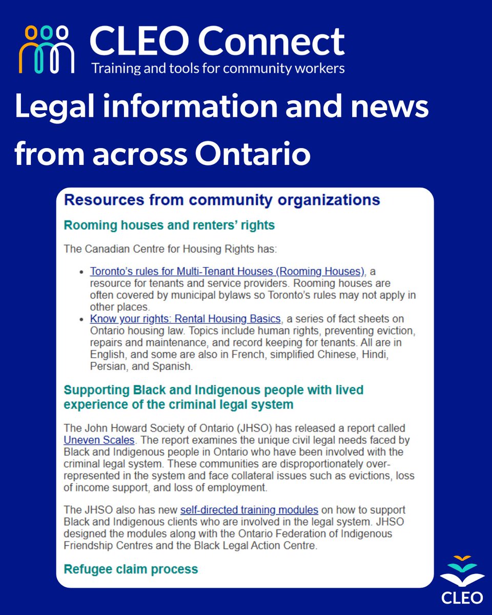 CLEOConnect's tweet image. CLEO Connect's monthly newsletter highlights legal information and news from across Ontario.
This month, find resources and information from:
- @HousingRightsCA
- John Howard Society of Ontario
- @RefugeeCentre
- and more!
Read and subscribe: outreach.cleo.on.ca/civicrm?civiwp…