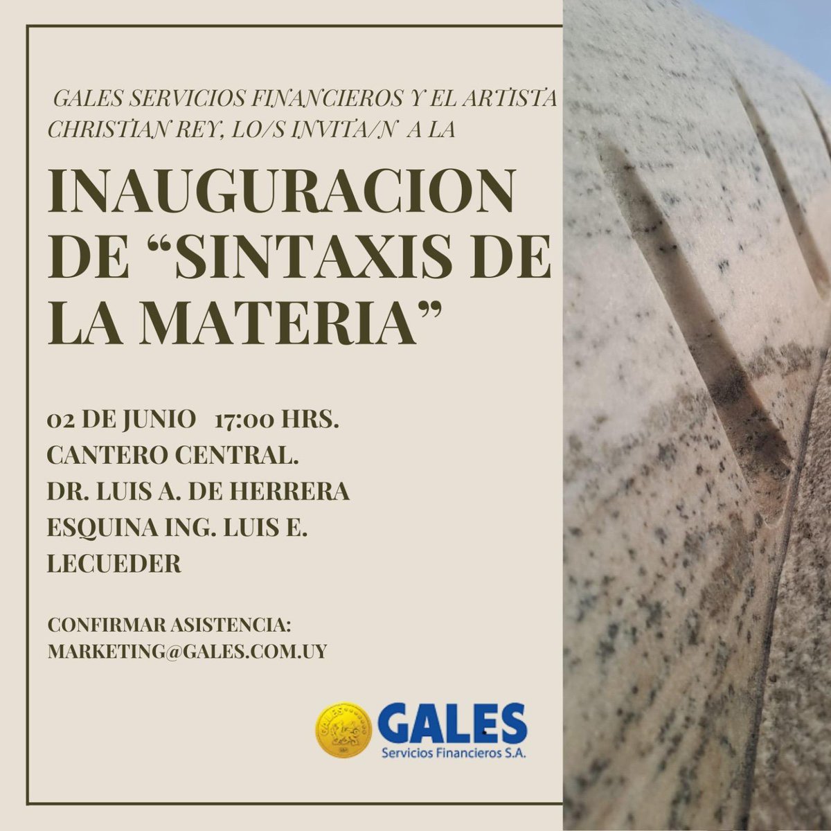 Invitamos a la Inauguración de “SINTAXIS DE LA MATERIA” este lunes 2 de junio a las 17 hs. en el cantero central Luis A. de Herrera esq. Ing. Luis E. Lecueder.
Te esperamos.