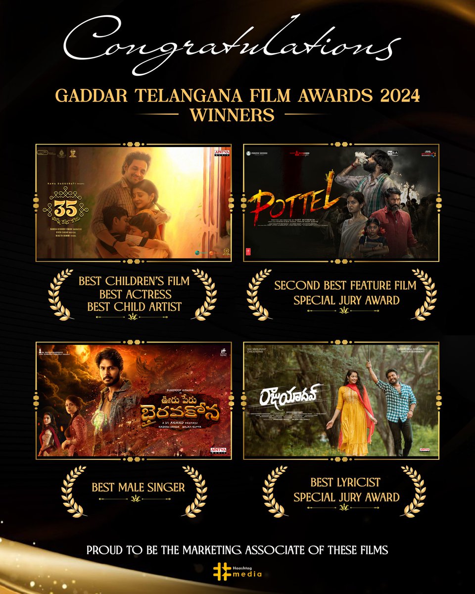 What an incredible journey this has been ❤️‍🔥❤️‍🔥❤️‍🔥

A blockbuster association filled with heartfelt accolades and well-deserved awards ❤️‍🔥

We couldn’t be more proud and honored to have been the marketing partners for #35ChinnaKathaKaadu, #Pottel, #OoruPeruBhairavakona, and