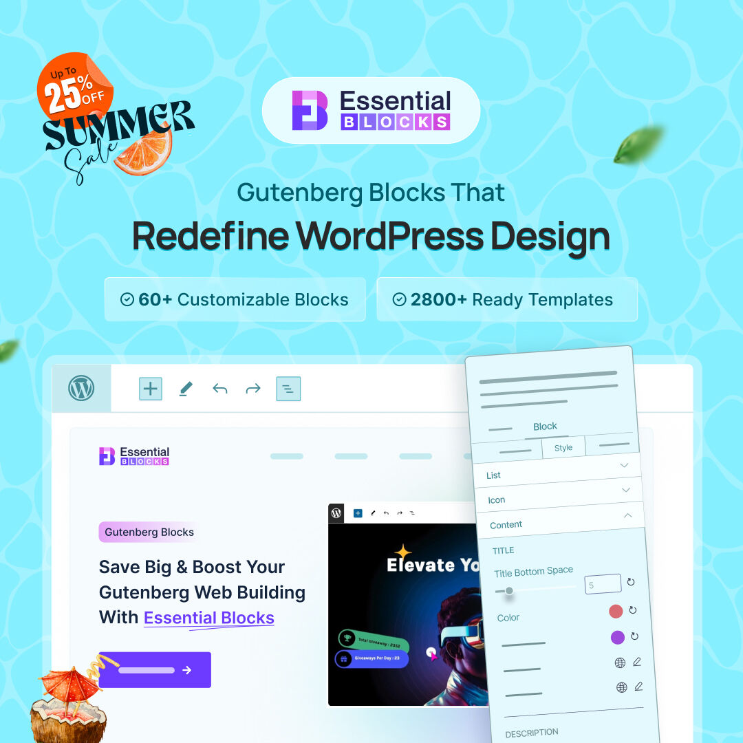 EssentialBlocks's tweet image. ✨Summer Sale: Save UP TO 25% on Essential Blocks PRO ✨

Boost your Gutenberg web-building with 60+ powerful, easy-to-use blocks &amp;amp; 2800+ pre-built templates. Build faster &amp;amp; better websites.⚡

Grab your deal here 👉 essential-blocks.com/#pricing

#Gutenberg #WordPress