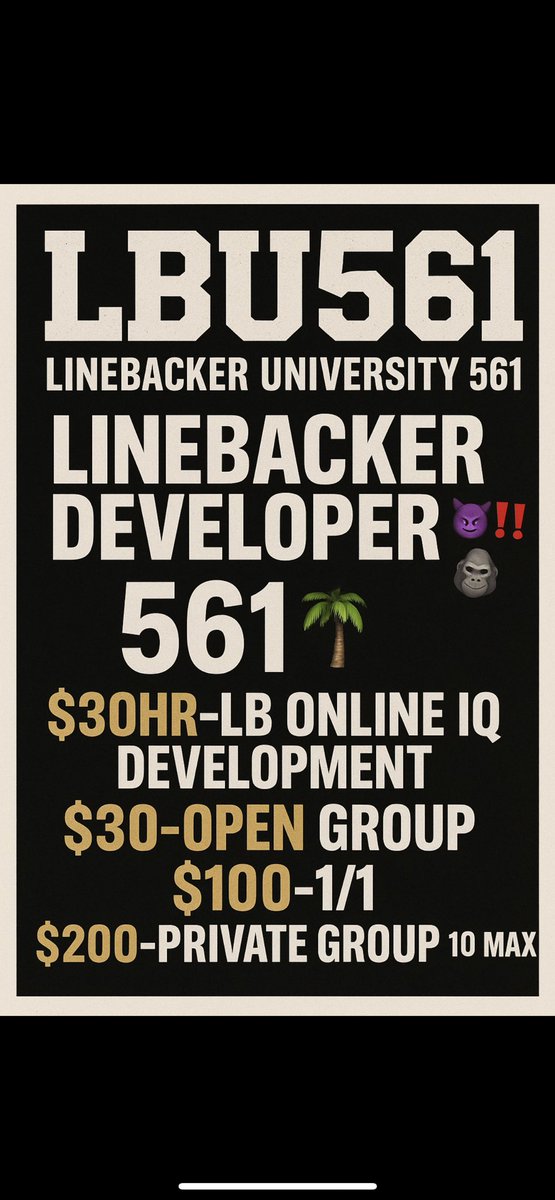 LBU561 (@lbu561) on Twitter photo That time of the year is here‼️
Linebacker Development‼️
Bring your own 💧 
$30 Group Session‼️
$30 Film Session‼️
$100 Private Session ‼️
DM to schedule and for more info 
<a href="/EraPrep/">New Era Prep</a> <a href="/ESPNWestPalm/">ESPN WEST PALM (106.3 FM)</a> <a href="/WPTV/">WPTV</a> <a href="/larryblustein/">Blustein Recruiting</a> <a href="/RayfieldDixon/">Coach Ray Dixon</a> <a href="/athletix561/">NextUpAthletix561</a> <a href="/EraPrep/">New Era Prep</a> <a href="/najitobias/">Naji Tobias</a> <a href="/ESPNTop63/">ESPN Top 63</a> That time of the year is here‼️
Linebacker Development‼️
Bring your own 💧 
$30 Group Session‼️
$30 Film Session‼️
$100 Private Session ‼️
DM to schedule and for more info 
<a href="/EraPrep/">New Era Prep</a> <a href="/ESPNWestPalm/">ESPN WEST PALM (106.3 FM)</a> <a href="/WPTV/">WPTV</a> <a href="/larryblustein/">Blustein Recruiting</a> <a href="/RayfieldDixon/">Coach Ray Dixon</a> <a href="/athletix561/">NextUpAthletix561</a> <a href="/EraPrep/">New Era Prep</a> <a href="/najitobias/">Naji Tobias</a> <a href="/ESPNTop63/">ESPN Top 63</a>