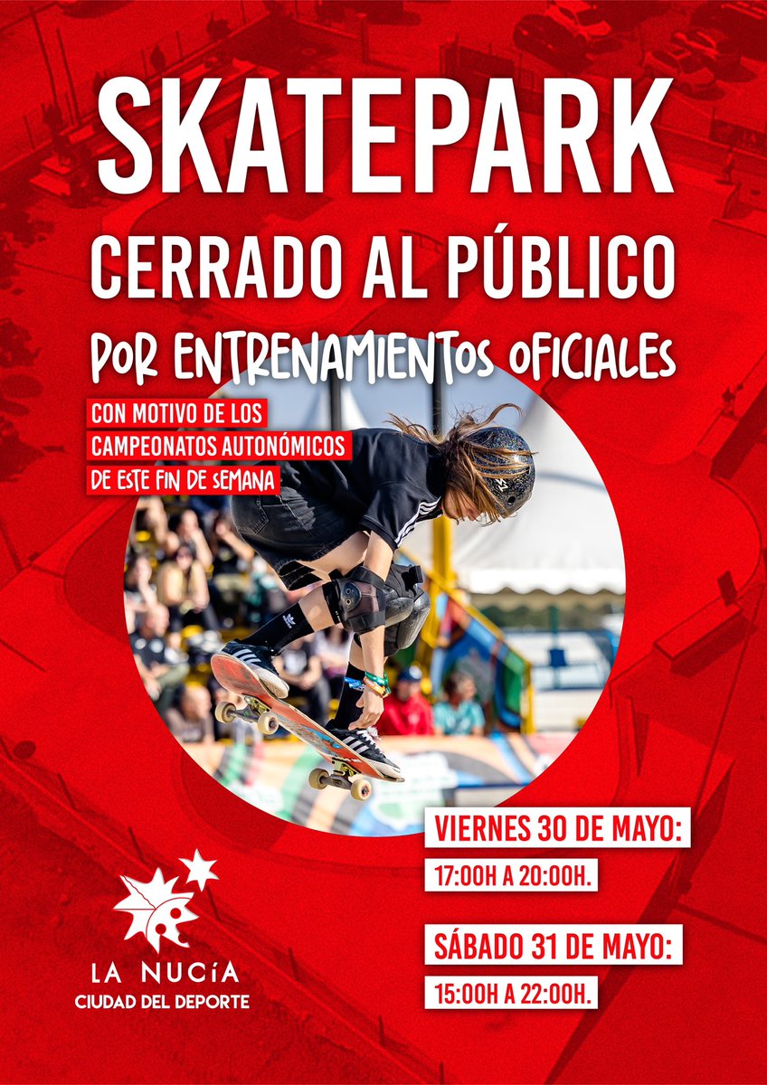 ⚠️🛹El Skatepark de La Nucía permanecerá cerrado al público por entrenamientos oficiales con motivo de los Campeonatos Autonómicos que acogemos este finde👇🏻👇🏻

📆Viernes: De 17:00h a 20:00h.
📆Sábado: De 15:00h a 22:00h

#LaNuciaCiudadDelDeporte #Skateboarding #Rollerfreestyle