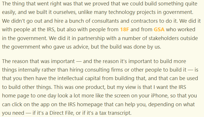 Gabe Menchaca (@gabemenchaca) on Twitter photo Louder for the people in the back, <a href="/wallyadeyemo/">Wally Adeyemo</a>: government can work if we let it work.
There's lots of discussion about increasing efficiency by replacing feds with AI, but what about replacing high-leverage contractors with actual federal employees? Direct File shows the way. Louder for the people in the back, <a href="/wallyadeyemo/">Wally Adeyemo</a>: government can work if we let it work.
There's lots of discussion about increasing efficiency by replacing feds with AI, but what about replacing high-leverage contractors with actual federal employees? Direct File shows the way.