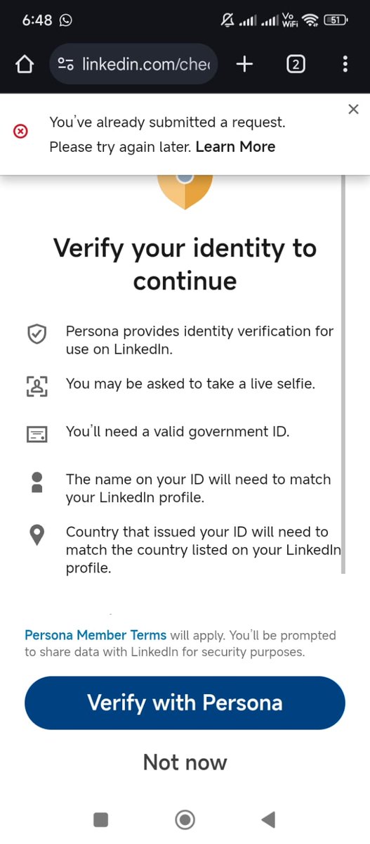 designbyshubham's tweet photo. @LinkedInHelp, my account has been temporarily restricted as a precaution. I am attempting to verify it by uploading government documents via Persona, but I'm unable to proceed as the system indicates a request has already been made. Could you please advise? https://t.co/oZ1mERNsSb