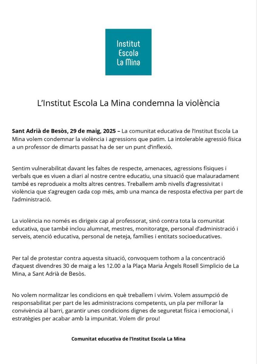 Comunicat del Claustre de l'Institut Escola la Mina. Convoquen concentració.
📆Divendres 30 de Maig 
🕕12:00h 
📌Plaça Maria Angels Rosell Simplicio, Sant Adrià de Besós. maps.app.goo.gl/QM4vV7pW3LWt8X…