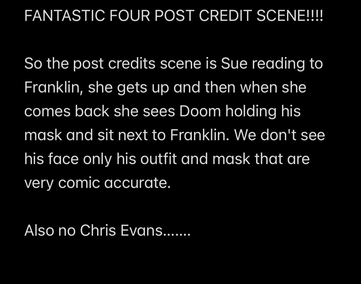 THKupdates's tweet photo. 🎬 Ladies and Gentlemen — reports are swirling that a test screening for #FantasticFourFirstSteps was held last night! 👀
While nothing’s confirmed, there’s buzz this could be the post-credit scene of the movie. 👇
#FantasticFour #MCU #PostCreditScene #MarvelStudios #Marvel https://t.co/Bj4bMDnYlH