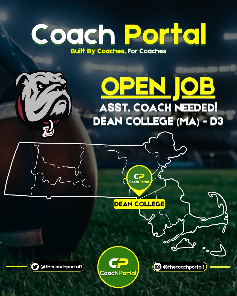 Coach Portal (@thecoachportal1) on Twitter photo Dean College (MA - D3) is looking for a full-time Assistant Coach on Offense. Can expect to coach a position & assist with game planning. Start date is immediate.
If interested, email cover letter & resume to Head Coach, <a href="/CoachBakDeanFB/">Luke Bakanowsky</a> at Lbakanowsky@dean.edu.
#coachportal Dean College (MA - D3) is looking for a full-time Assistant Coach on Offense. Can expect to coach a position & assist with game planning. Start date is immediate.
If interested, email cover letter & resume to Head Coach, <a href="/CoachBakDeanFB/">Luke Bakanowsky</a> at Lbakanowsky@dean.edu.
#coachportal