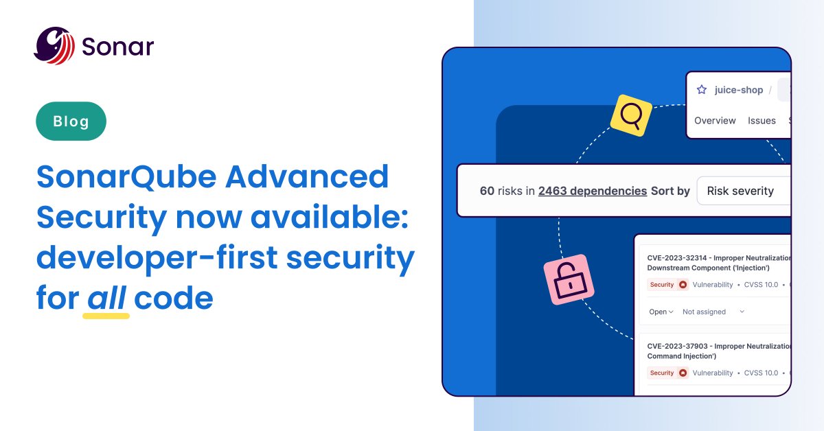 SonarSource's tweet image. #SonarQube Advanced Security is now GA! 🚀

#SCA, advanced #SAST, 300+ secrets patterns, &amp;amp; more – all in a fully integrated #CodeQuality and #CodeSecurity solution for #developers to protect all code: first-party, AI, &amp;amp; open-source. 🔐

More details: 💡 bit.ly/3Fefj65