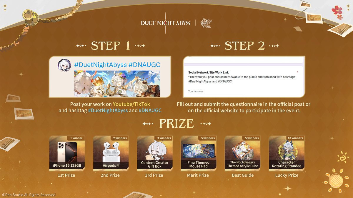 [Duet Night Abyss Second Closed Beta Test UGC Event - Video Category]

✦ CBT2 UGC Event - Video Category Now Starts
Unleash your creativity, create and submit your work to participate in the event and get a chance to win iPhone 16, Airpods, Test Ticket and various merchandise