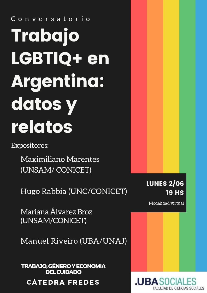 El 2 de junio a las 19h hablaremos sobre la cocina de investigación del Primer relevamiento nacional de condiciones de vida de la diversidad sexual y genérica de Argentina.

📌El link de conexión es: 
meet.google.com/vxt-txmh-uqd