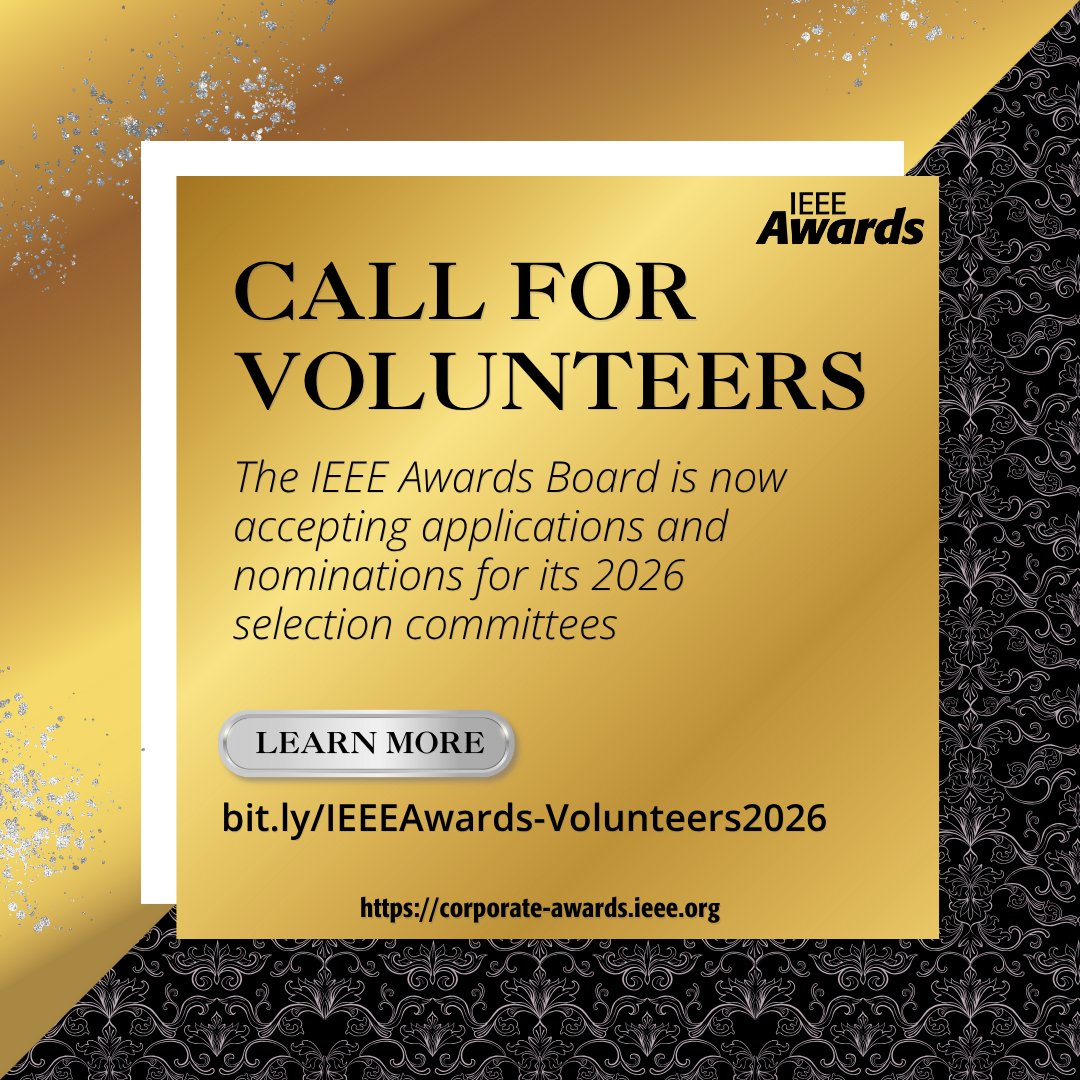 IEEE Awards (@ieeeawards) on Twitter photo The <a href="/IEEEAwards/">IEEE Awards</a> program celebrates the pinnacle of #technology and #engineering achievement. Now, you can help shape its enduring legacy. Applications and nominations for our #IEEEAwards2026 selection committees are now being accepted. Get more info at: bit.ly/IEEEAwards-Vol… The <a href="/IEEEAwards/">IEEE Awards</a> program celebrates the pinnacle of #technology and #engineering achievement. Now, you can help shape its enduring legacy. Applications and nominations for our #IEEEAwards2026 selection committees are now being accepted. Get more info at: bit.ly/IEEEAwards-Vol…
