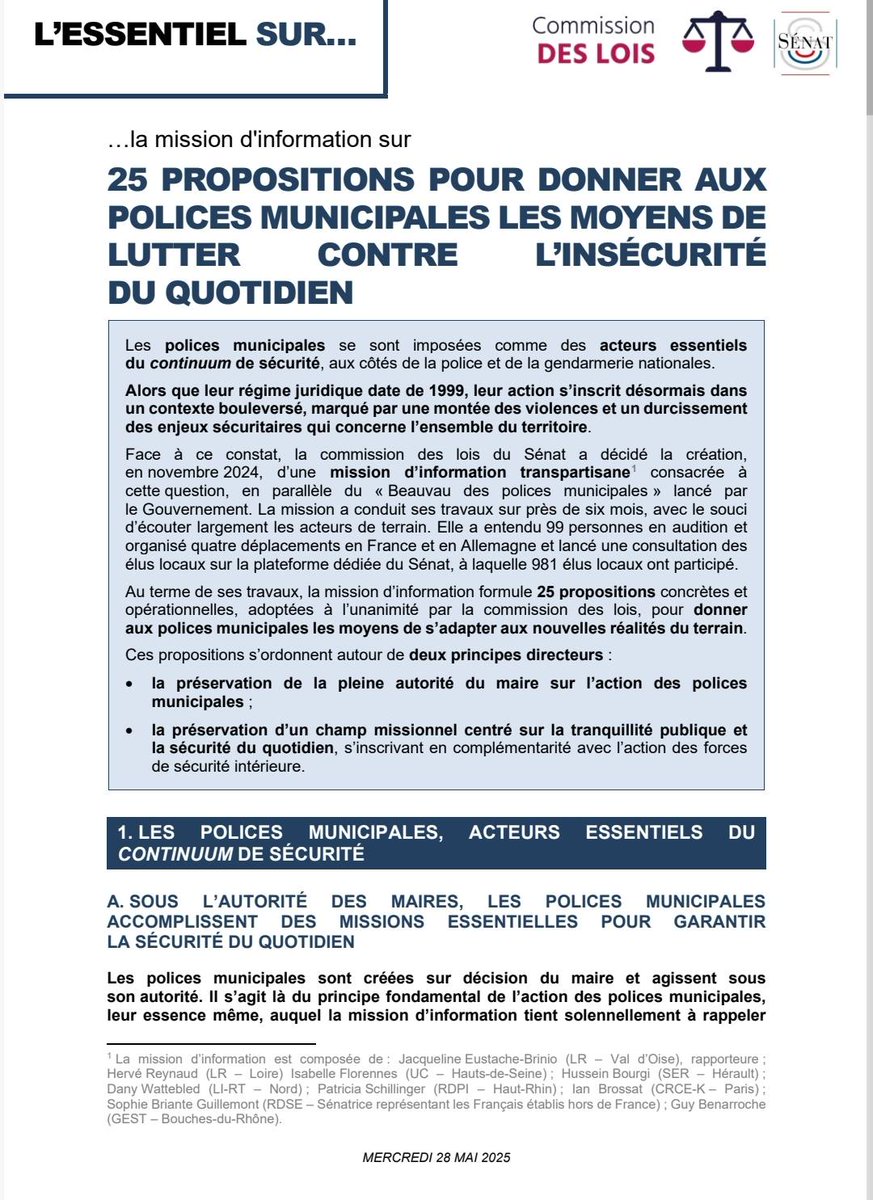 Nous espérons qu'un certain nombre de ces propositions soient reprises dans le cadre du texte prochainement annoncé par François-Noël Buffet à la suite des travaux du Beauvau des Polices Municipales.