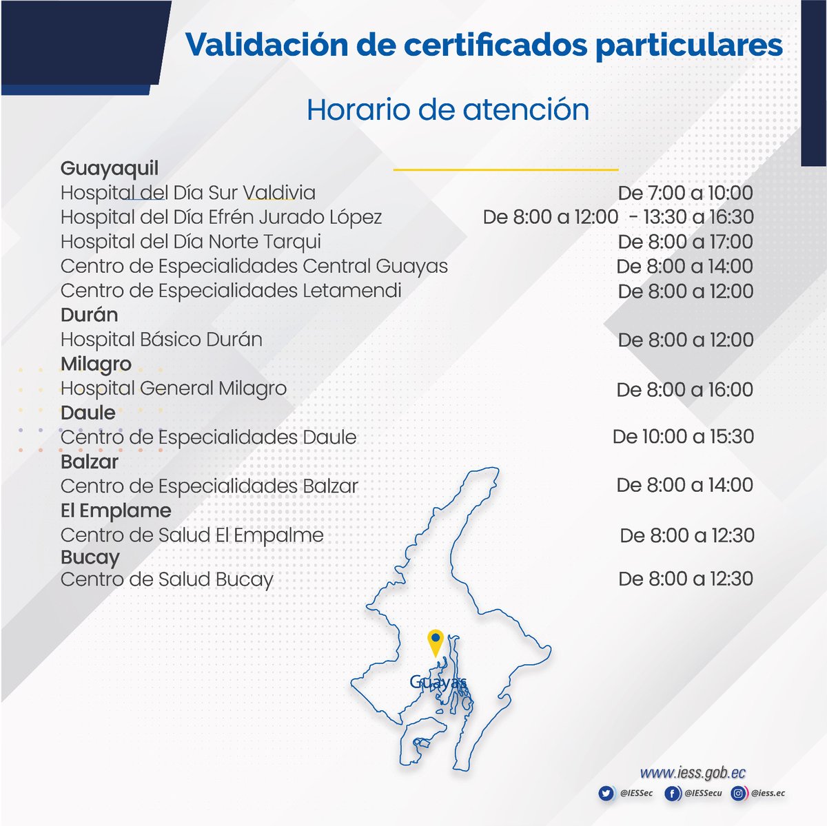 #IESSteInforma | Conoce dónde validar certificados médicos particulares en la provincia.

Revisa los lugares y horarios de las unidades médicas 🏥 que prestan este servicio 📝

Aquí los detalles⬇️