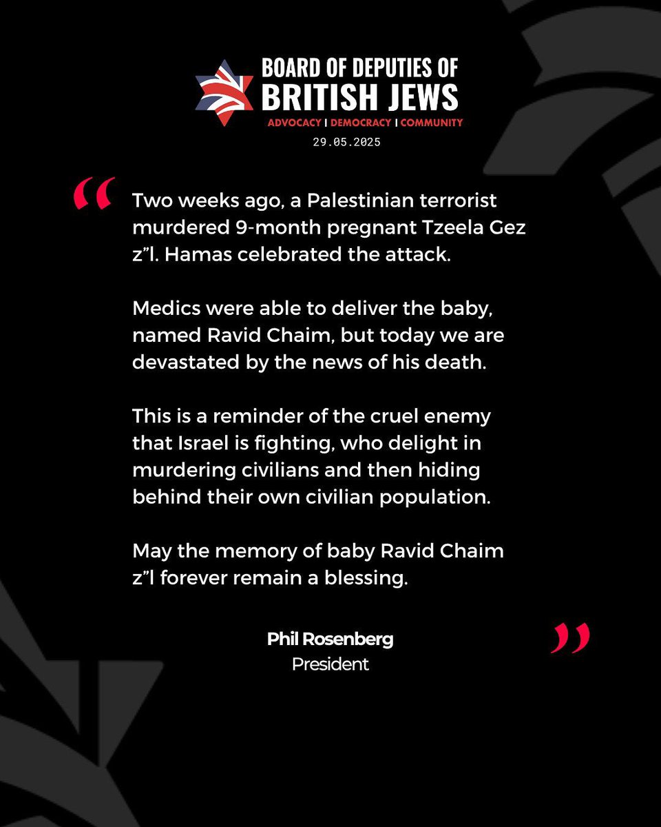 Board of Deputies of British Jews (@boardofdeputies) on Twitter photo Our President, <a href="/PhilR_R/">Phil Rosenberg</a>’s statement on the tragic passing of baby Ravid Chaim z”l.
May his memory forever remain a blessing. Our President, <a href="/PhilR_R/">Phil Rosenberg</a>’s statement on the tragic passing of baby Ravid Chaim z”l.
May his memory forever remain a blessing.
