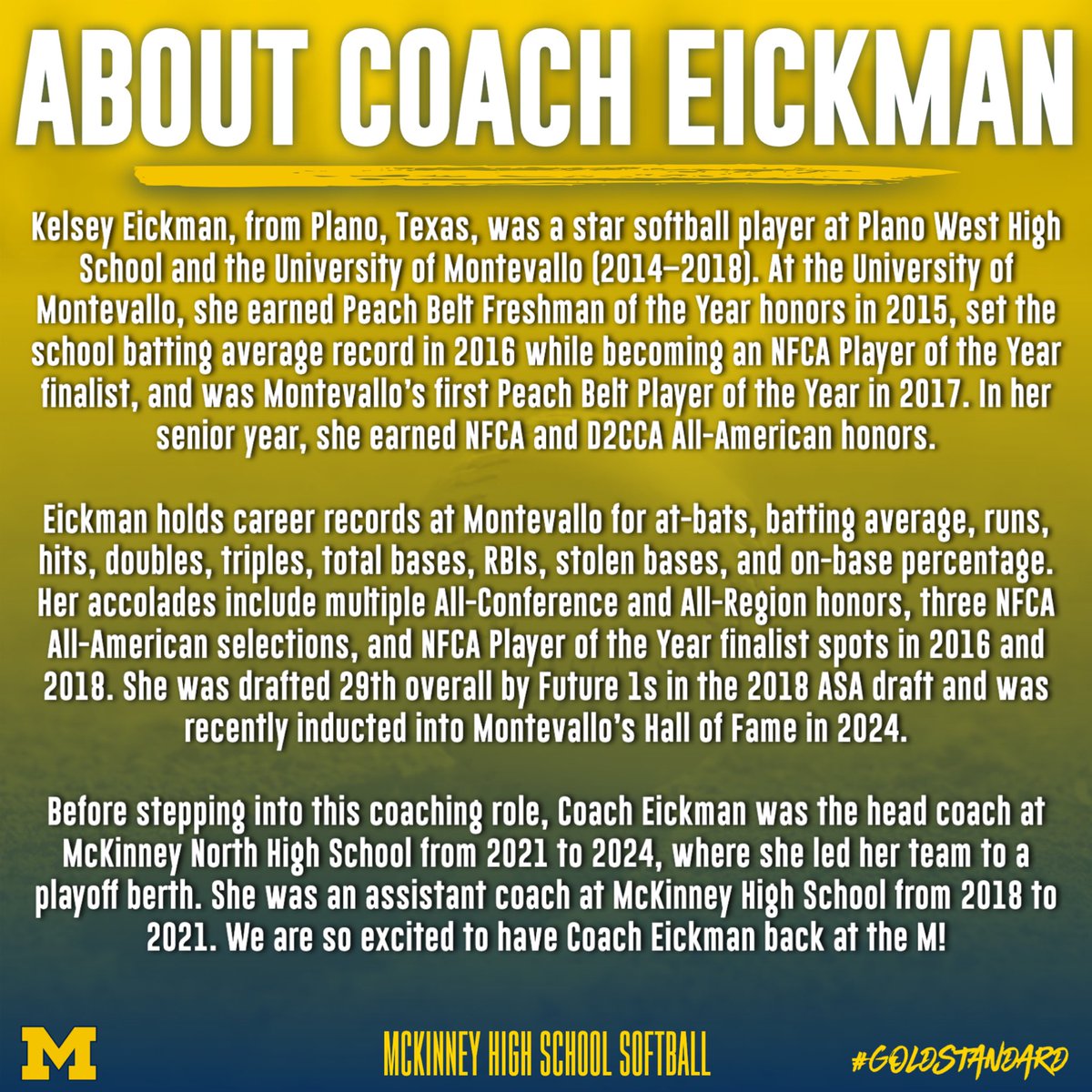 MHSLionsSB's tweet photo. We are so thrilled to welcome Coach Eickman back to the 〽���!! #GoldStandard https://t.co/duJtjSVh8P