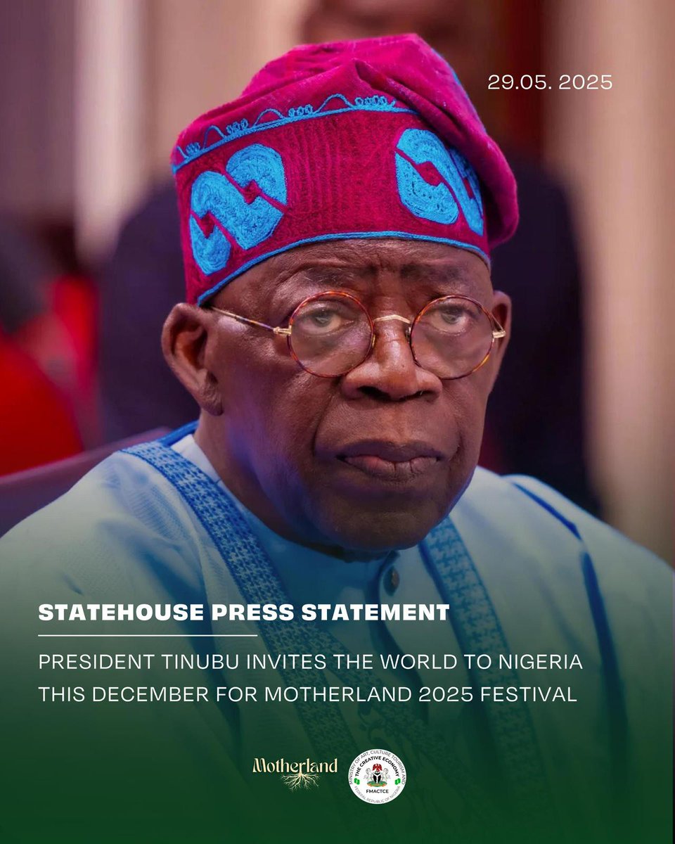 seemotherland's tweet image. President Tinubu has officially invited the world to Nigeria for Motherland 2025 — Dec 15–21.
From Lagos to Abuja, 7 days of culture, innovation &amp;amp; connection await.

This December, rediscover home  and everything it can be.

@Fmactce_Nigeria @hanneymusawa 
#Motherland2025