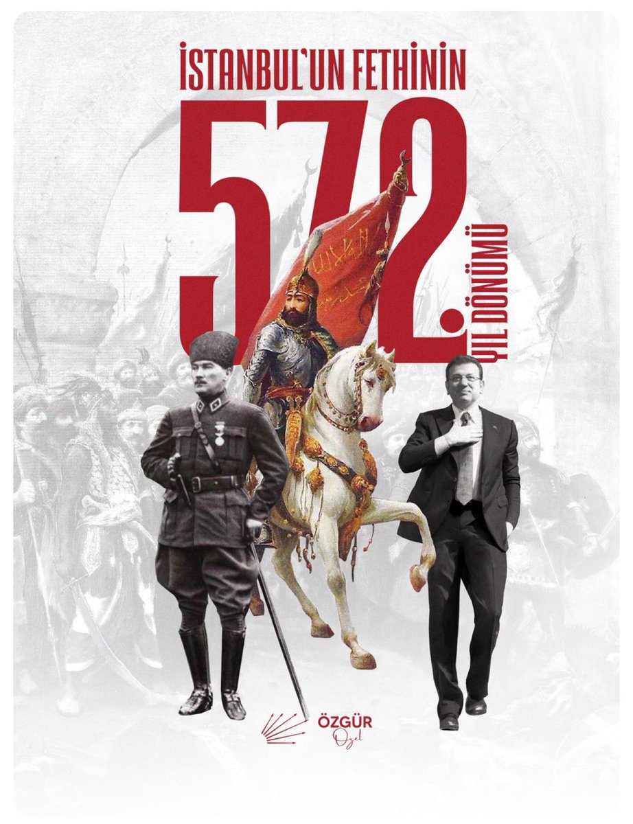 ▪️CHP lideri Özgür Özel, İstanbul’un fetih yıldönümünü Atatürk-İmamoğlu ve Fatih Sultan Mehmet Han’ın resimlerinden oluşan bir afişle kutladı. 

▪️Bu kadim kente yıllarca ihanet edenlere, iradesini yok sayanlara, şehr-i eminine zulmedenlere karşı İstanbul’umuzu yeniden hak ettiği
