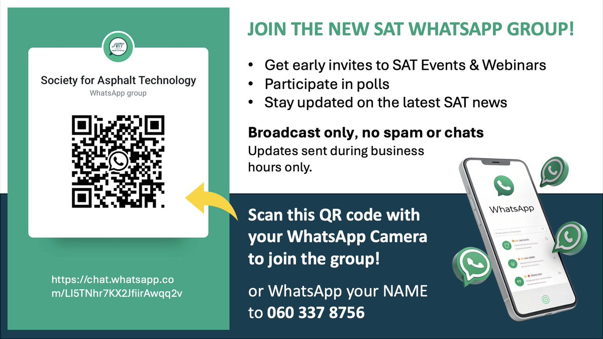 Join our new SAT WhatsApp group. Broadcast only, no spam or chats. Get early invites to SAT events, webinars + more, direct to your phone.

Click here to join: chat.whatsapp.com/LI5TNhr7KX2Jfi… 

#SATWhatsApp #SATComms #SATCommunity #AsphaltIndustry #BitumenIndustry