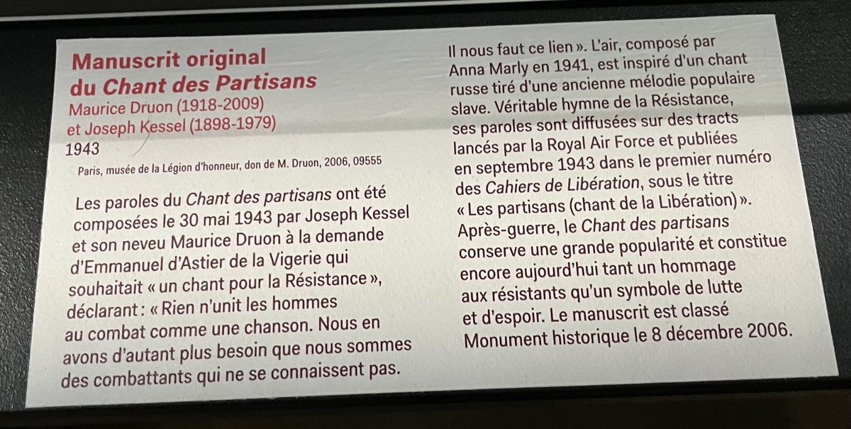 VanessaDesclaux's tweet photo. #Manuscrits autographes du chant des partisans de Druon et Kessel &amp; du poème Liberté de Paul Eluard exposés ⁦@MuseeArmee⁩ #ExilCombattant #WWII https://t.co/MveZCBCfls