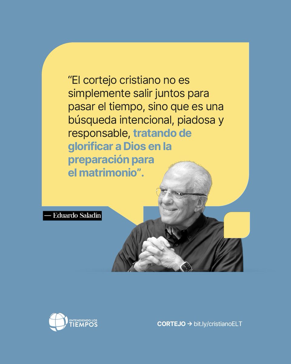 entendiendolt's tweet photo. CORTEJO → https://t.co/ZjRMkJhdri 

“El cortejo cristiano no es simplemente salir juntos para pasar el tiempo, sino que es una búsqueda intencional, piadosa y responsable, tratando de glorificar a Dios en la preparación para el matrimonio”.

— Eduardo Saladín https://t.co/xjVOTnSH4R