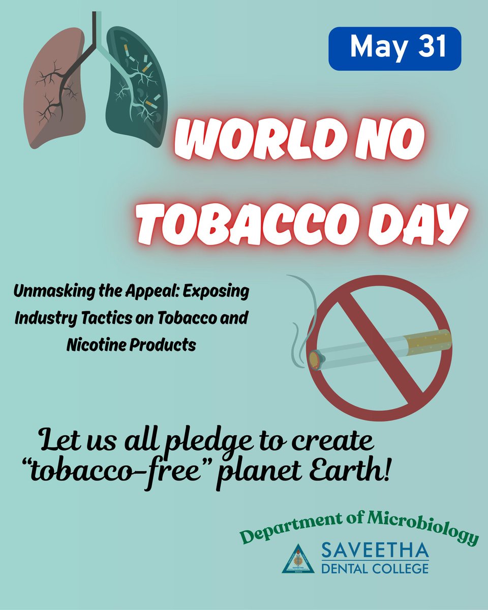 Saveetha Microbiology (@saveethamicro) on Twitter photo World No Tobacco Day 2025. Let us all pledge to create Tobacco free planet. <a href="/SIMATS2/">SIMATS</a> <a href="/smc_simats/">Saveetha Medical College Hospital,(Official)SIMATS</a> <a href="/DentalSaveetha/">Saveetha Dental College Official</a> <a href="/SaveearthMision/">Save Earth Mission Official</a> World No Tobacco Day 2025. Let us all pledge to create Tobacco free planet. <a href="/SIMATS2/">SIMATS</a> <a href="/smc_simats/">Saveetha Medical College Hospital,(Official)SIMATS</a> <a href="/DentalSaveetha/">Saveetha Dental College Official</a> <a href="/SaveearthMision/">Save Earth Mission Official</a>