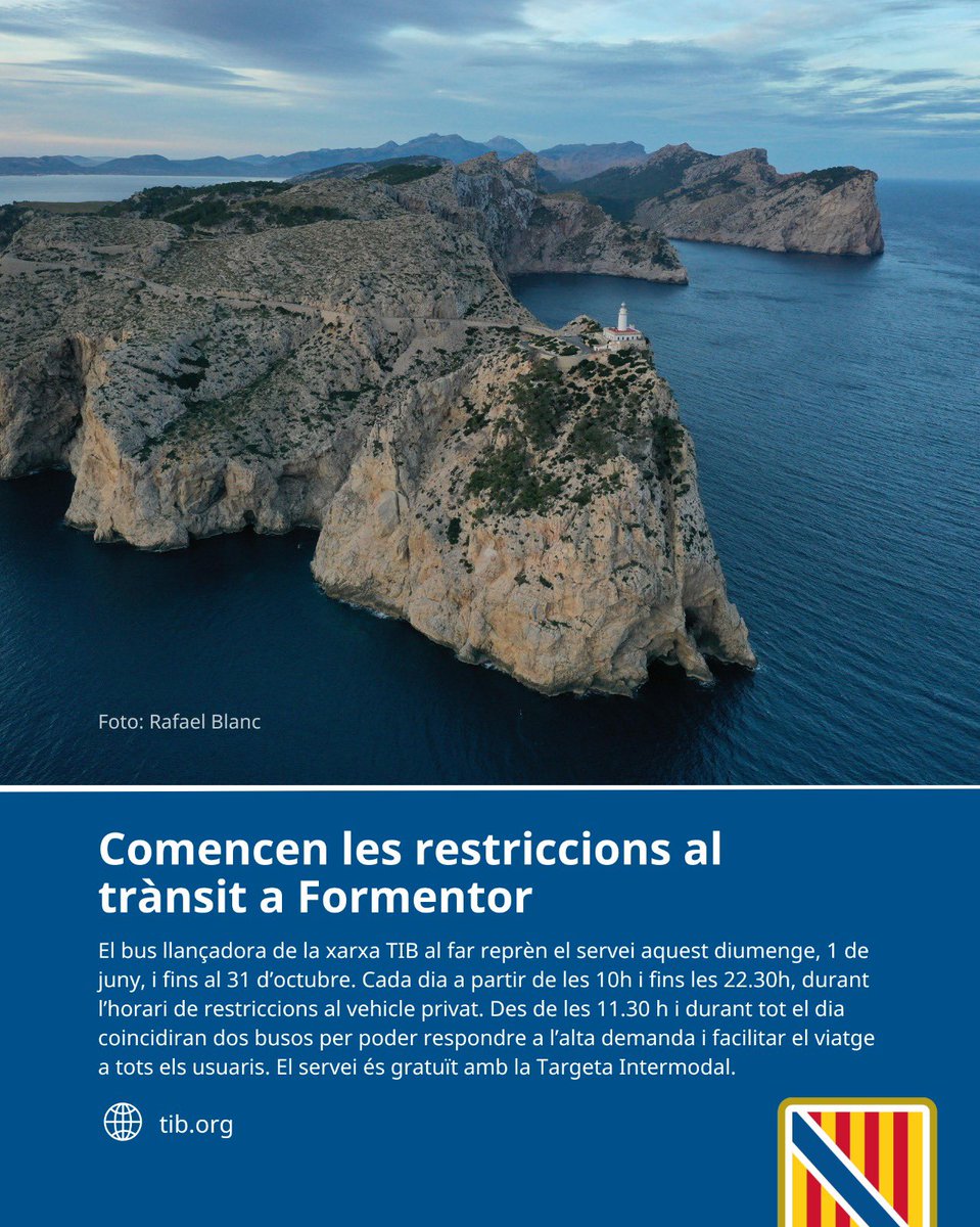 🚎 El bus llançadora de la xarxa TIB al far de Formentor reprèn el servei a partir d’aquest diumenge i fins al 31 d’octubre, a partir de les 10 i fins a les 22.30 hores cada dia.

 👀 Tota la informació: tn.caib.es/BusFormentor20…

📲 Horaris de la línia 334: tib.org/es/inicio