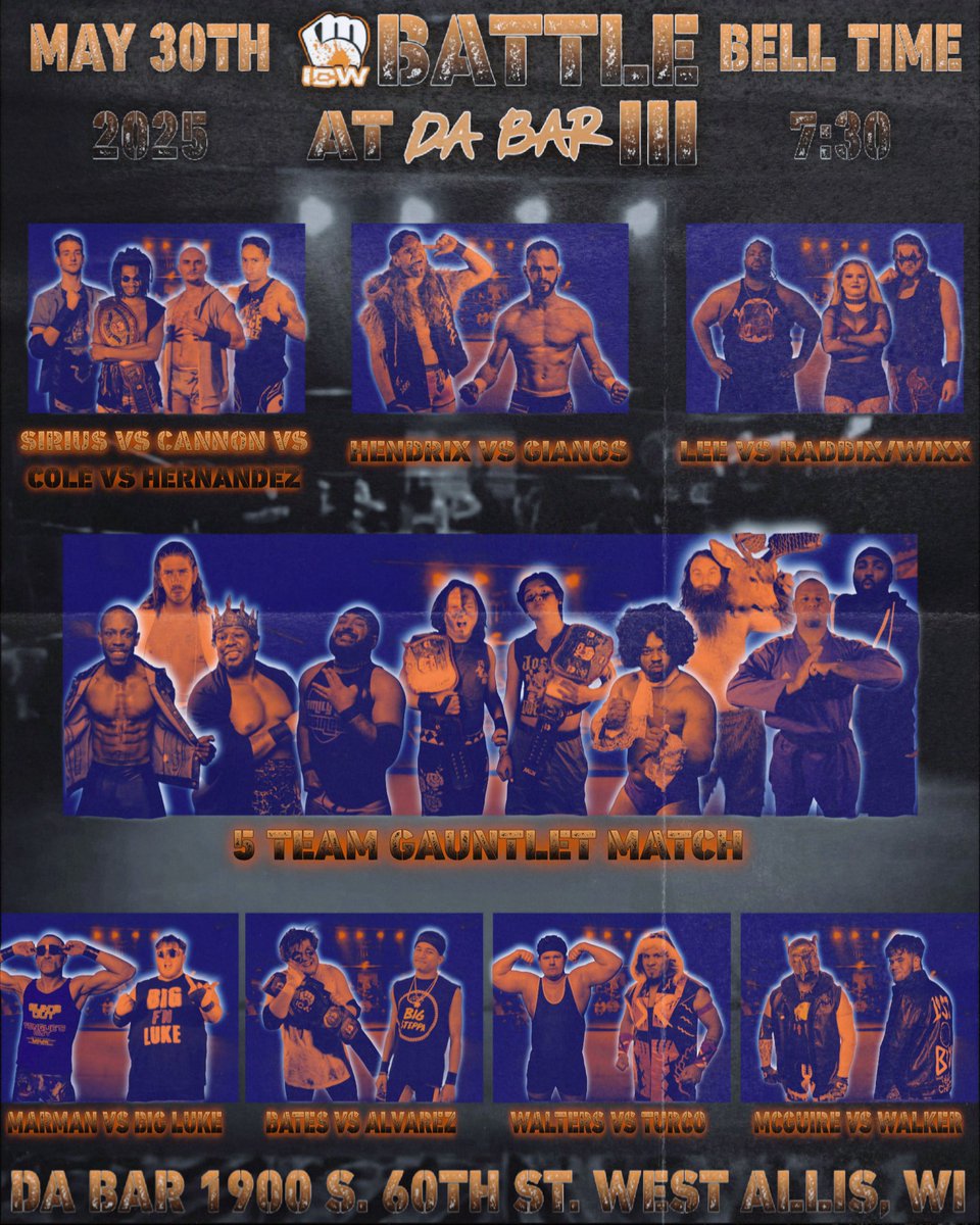 ICWMKE's tweet image. FRIDAY!
ICW-MKE Returns to Da Bar in West Allis, WI For Battle At Da Bar III
Featuring:
-3 Title Matches
-The 1st Ever Iron Man Insanity Match
-A 5 Team Gauntlet Match
-Grudge Matches
-AND MUCH MORE!