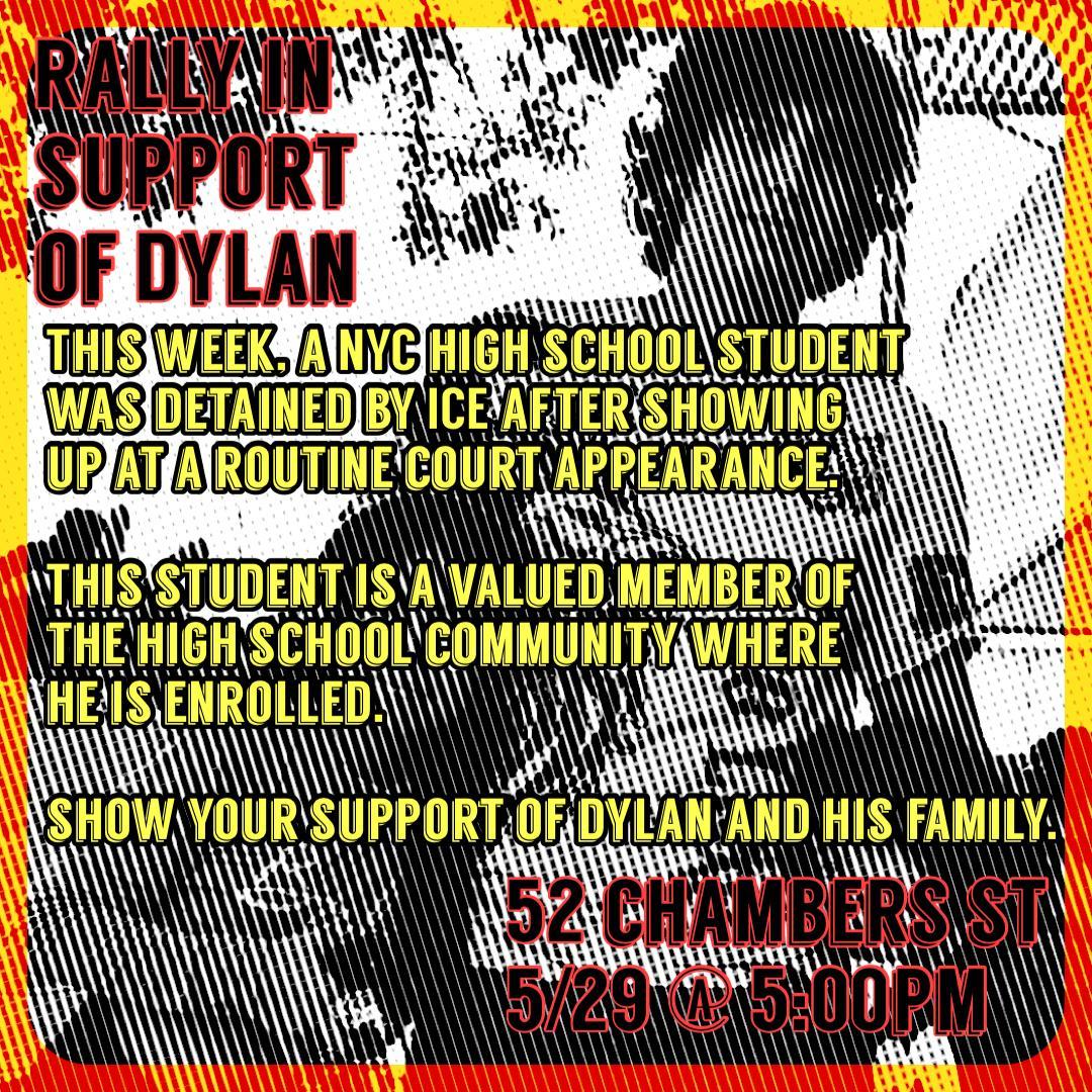 Rally today - 5PM - 52 Chambers (Tweed)
Support Dylan
#NoICEinSchools #NoICE #NoICEinSchools #ProtectOurSchools #ProtectOurStudents
<a href="/AriseUft/">ARISE-UFT</a> <a href="/RetireeAdvocUFT/">Retiree Advocate/UFT</a> <a href="/NewActionUFT/">New Action / UFT</a> <a href="/UFT/">UFT</a> <a href="/UFT_action/">UFT Action</a> <a href="/MOREcaucusUFT/">MORE-UFT</a>